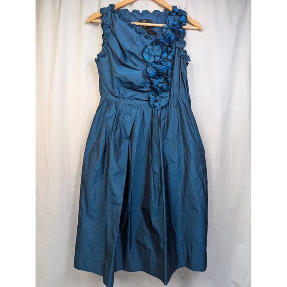 Robert Rodriguez Women's Blue Applique Taffeta Ruffle Trim Christmas Dress Sz 0 - Picture 1 of 6